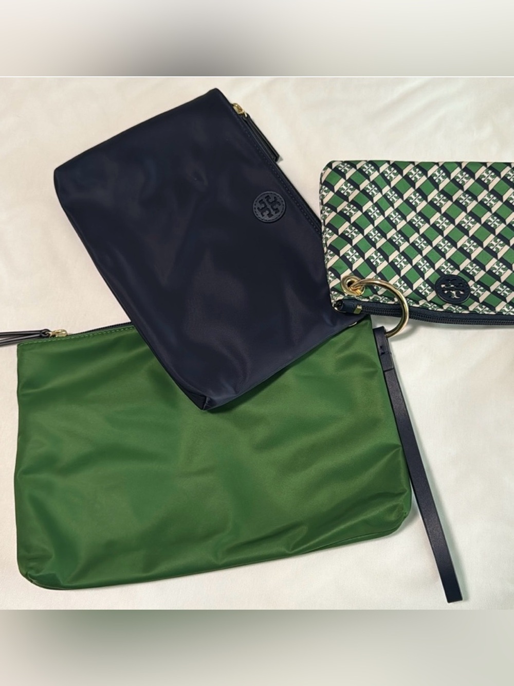 NWOT - Tory Burch Green, Navy & Cream Patterned Cosmetic Pouch Trio - Picture 2 of 5
